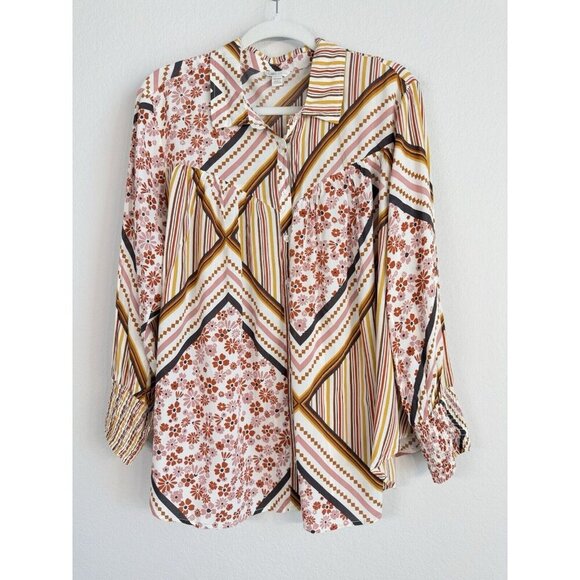 CATO Women’s Floral Pattern Blouse Size 18/20W Long Sleeve w/Gathered Cuffs Boho - Picture 1 of 9